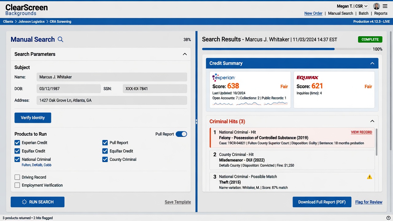 Manual search with credit and criminal selected